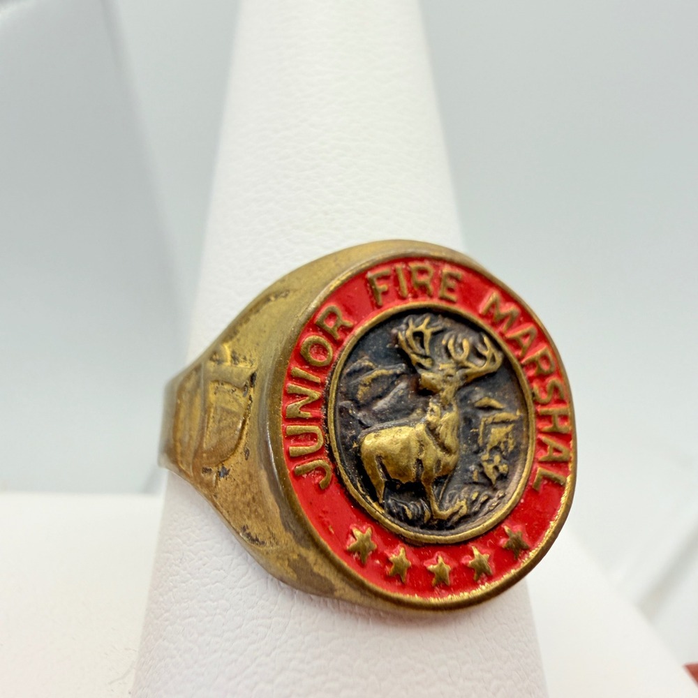 Vintage Hartford Junior Fire Marshal Ring Red Enamel Stag Brass Advertising